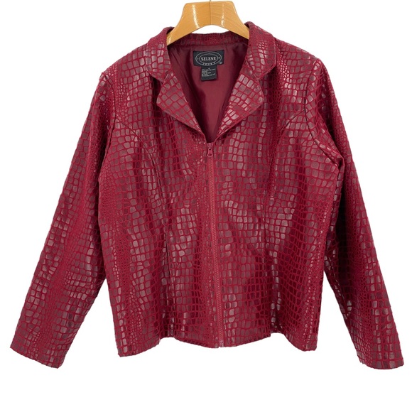 Selene Sport Red Embossed Animal Print Zipper Front Vinyl Jacket, 14 - Picture 3 of 16